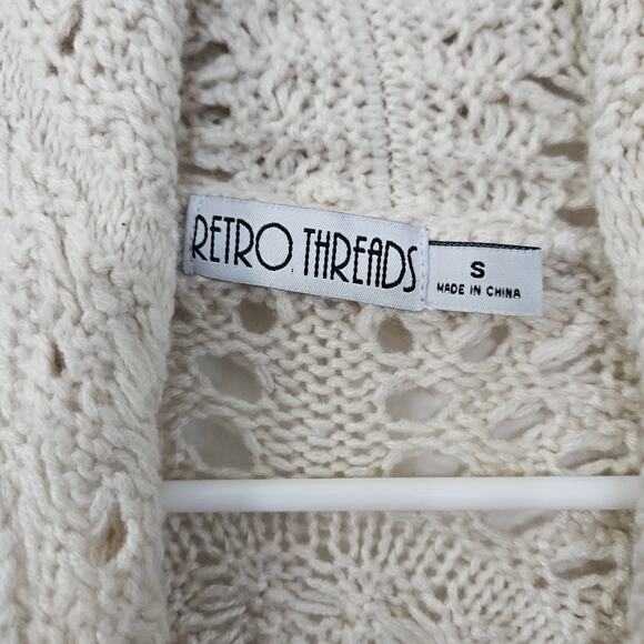 Boho Open Front Crochet Knit Fringe Cardigan Sweater Cream Sz Small Long Sleeve - Picture 7 of 8